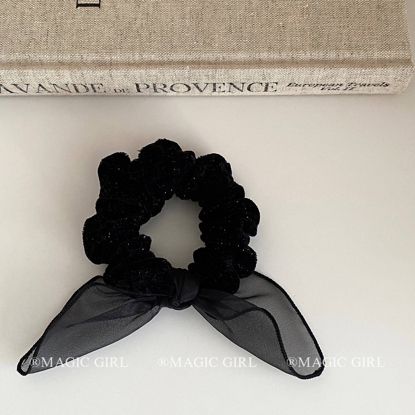 Women's Velvet Rabbit Ear Ponytail Holder Hairband Black Bowknot