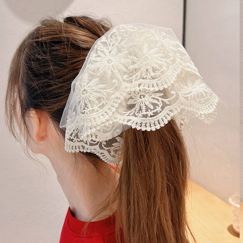 Women's Elegant Banquet Oversized Lace Elastic Hair Tie White Floral