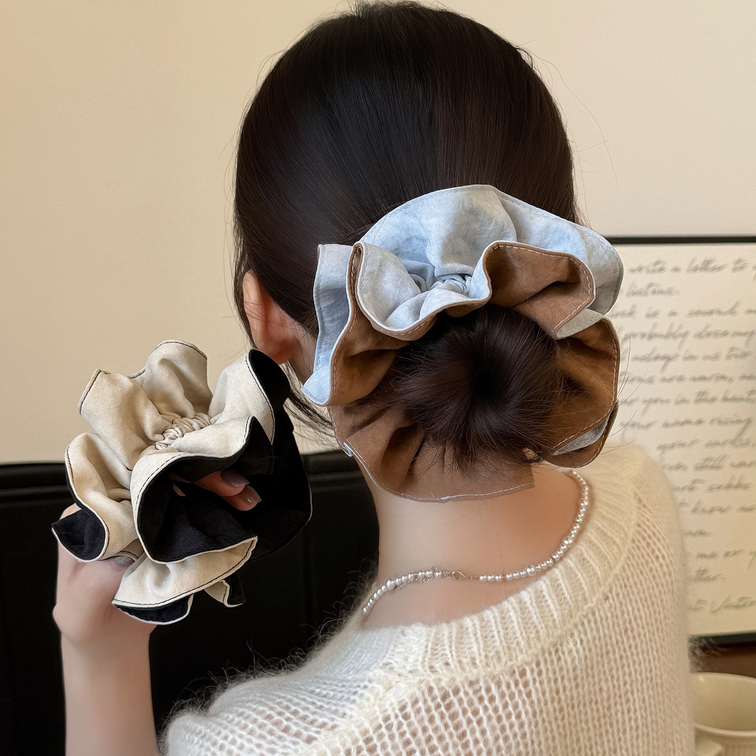 Women Girls Winter Velvet Double Layer Hair Scrunchies Color Block