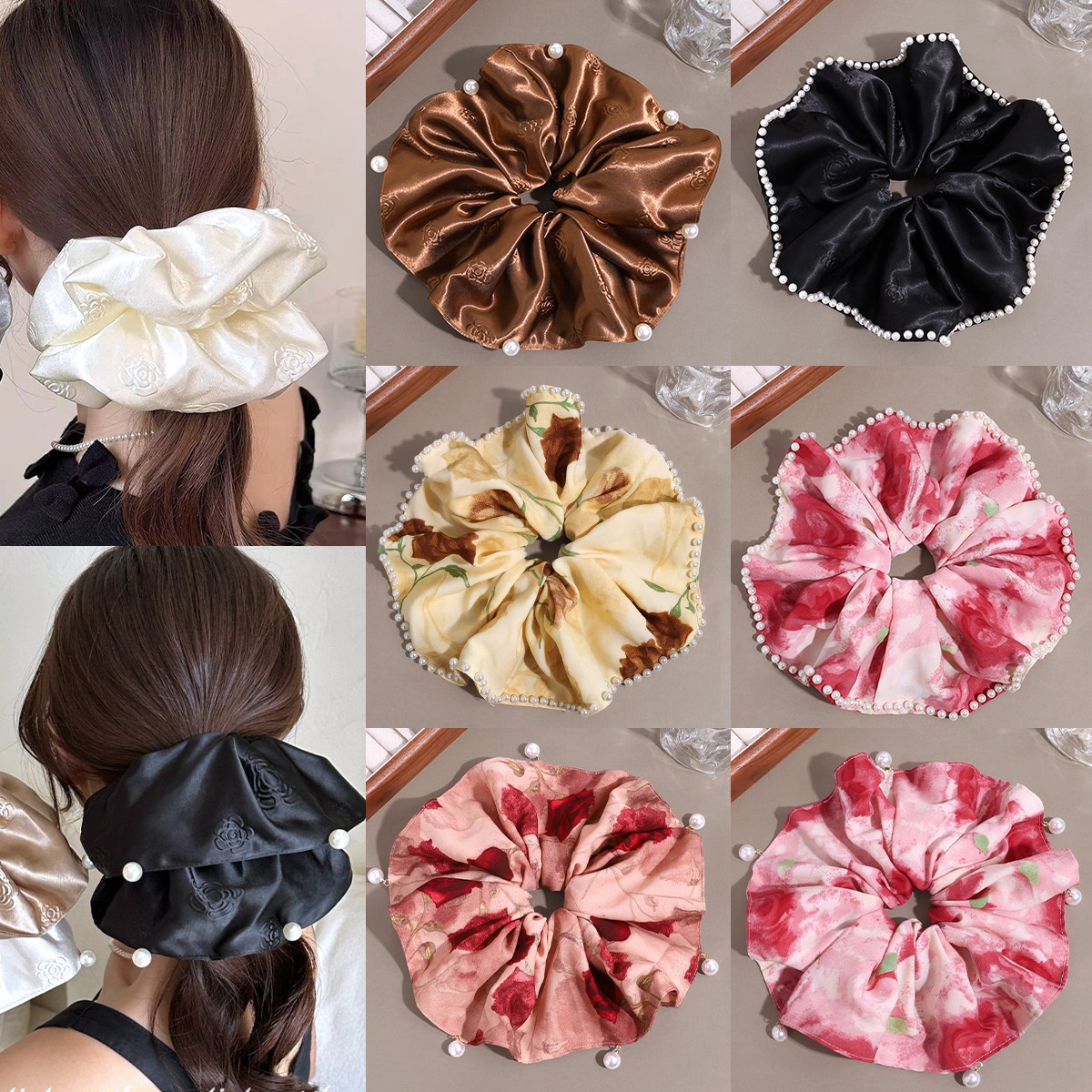 Women's Summer Retro Pearl Satin Hair Tie Beige Floral Pattern