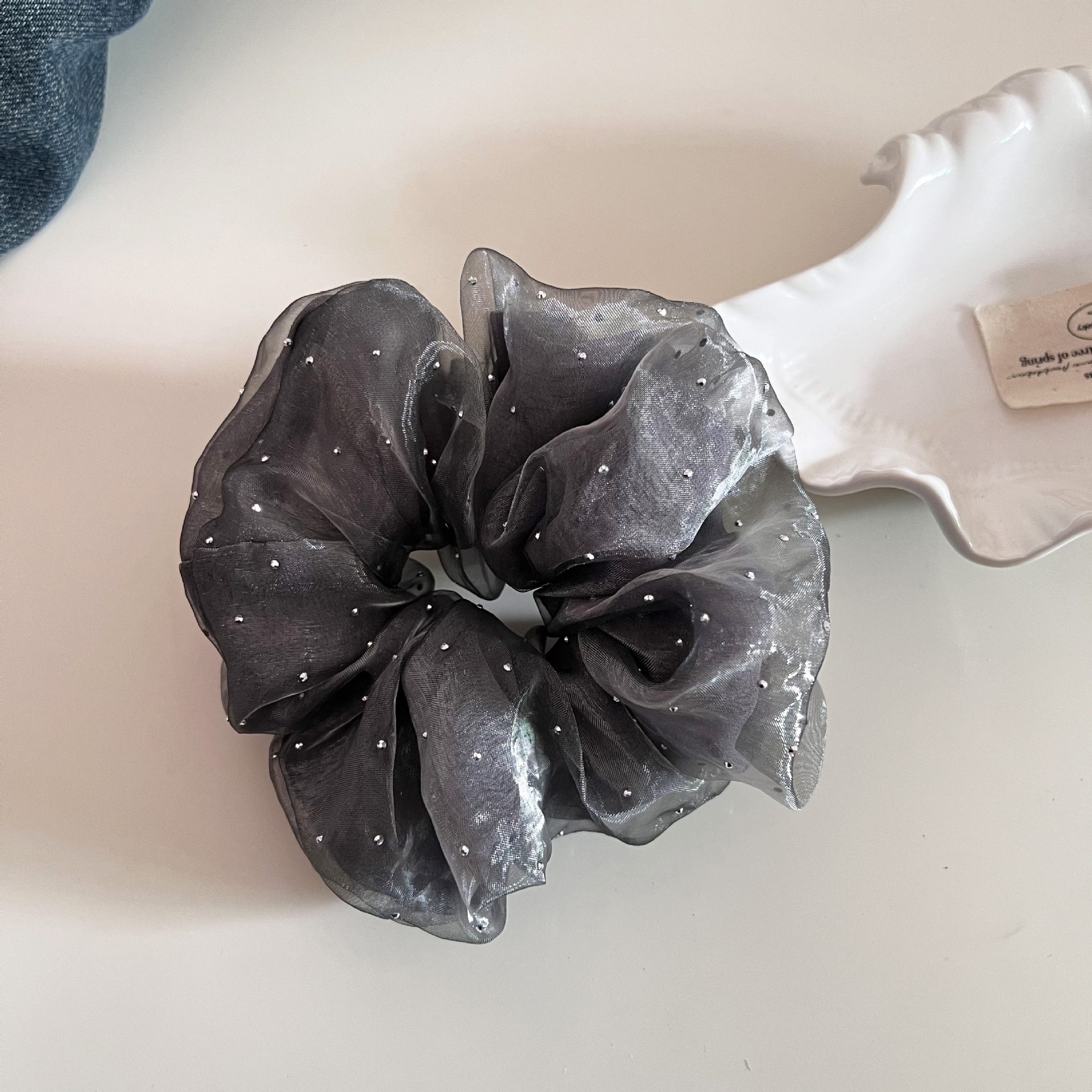 Women's Casual Rhinestone Mesh Double Layer Hairband Solid Beige Black