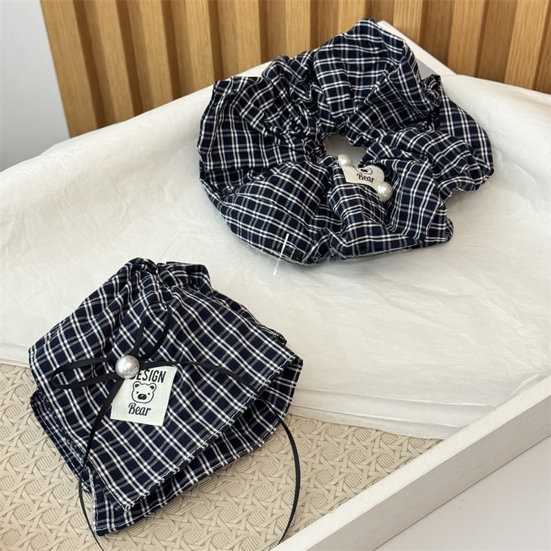 Women's Preppy Pearl Cloth Hair Scrunchies Navy Blue Checkered Plaid Pattern