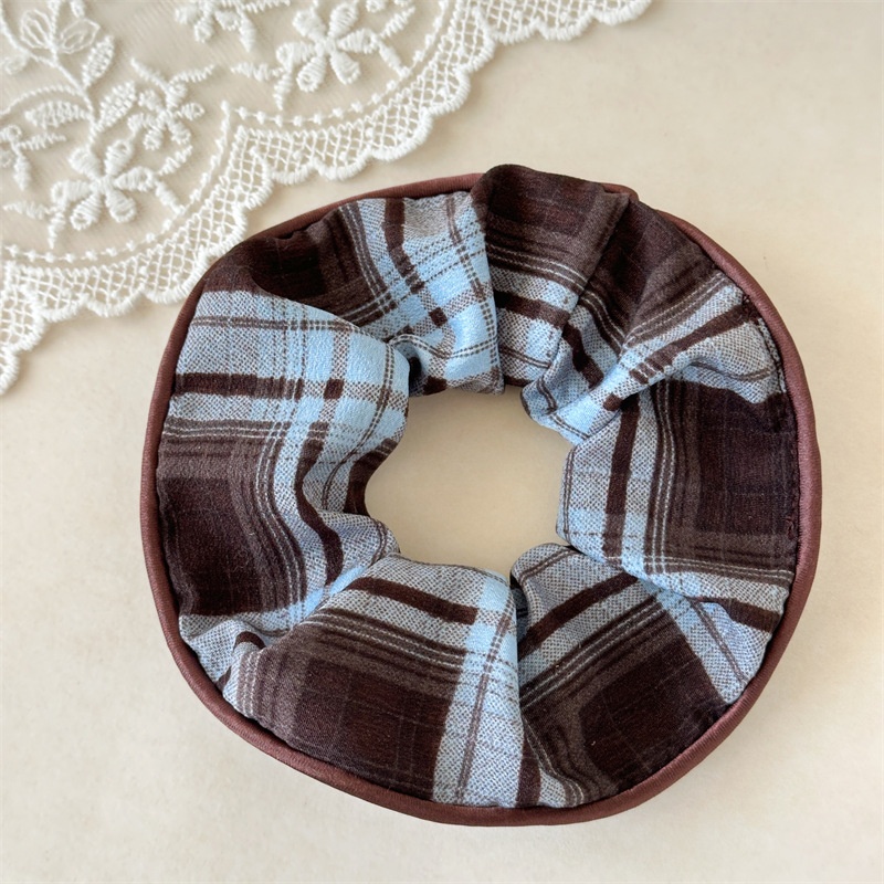 Women's Coffee Plaid & Blue Polka Dot Fabric Bun Headband Hair Tie