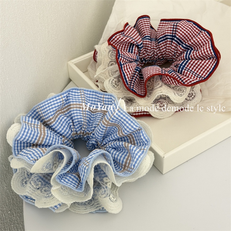 Women's Plaid Lace Patchwork Hair Tie Chic Red Blue Checkered Cloth Scrunchie