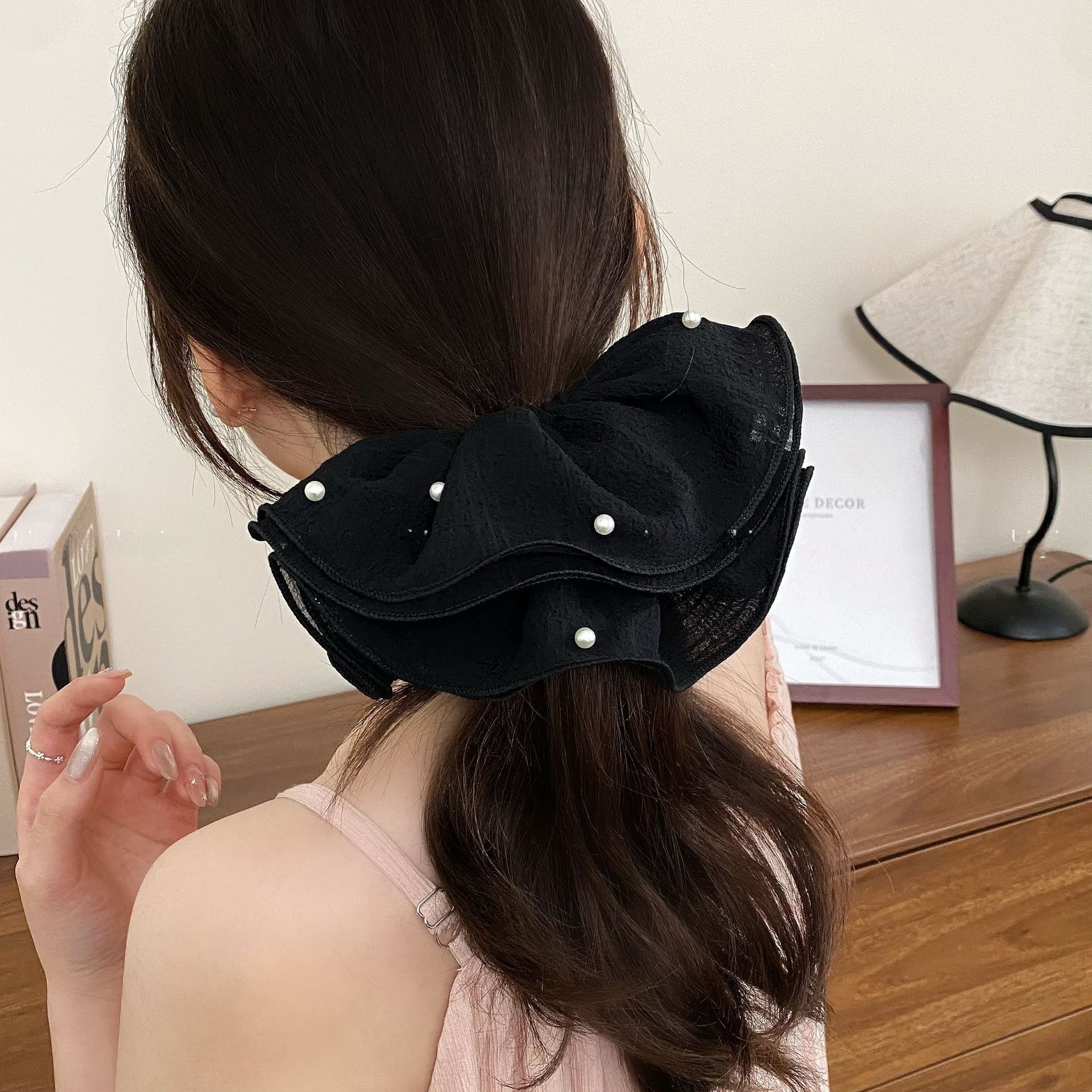 Women's Elegant Spring Pearl Gauze Hair Tie Accessory Beige Lace