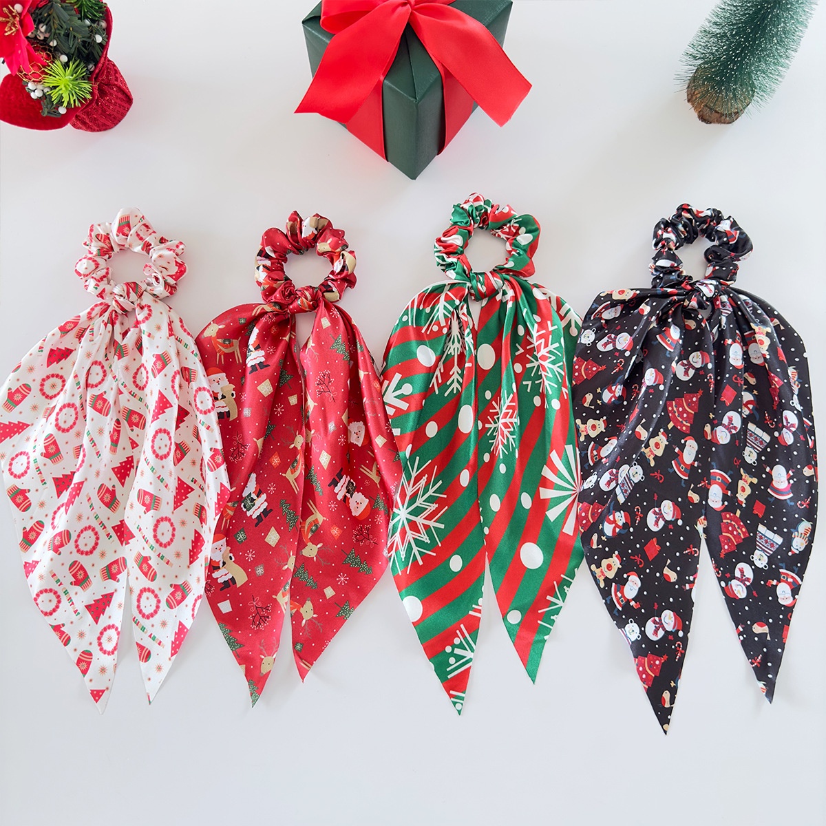Women's Silk Scarf Bowknot Elastic Hair Tie Festive Christmas Style