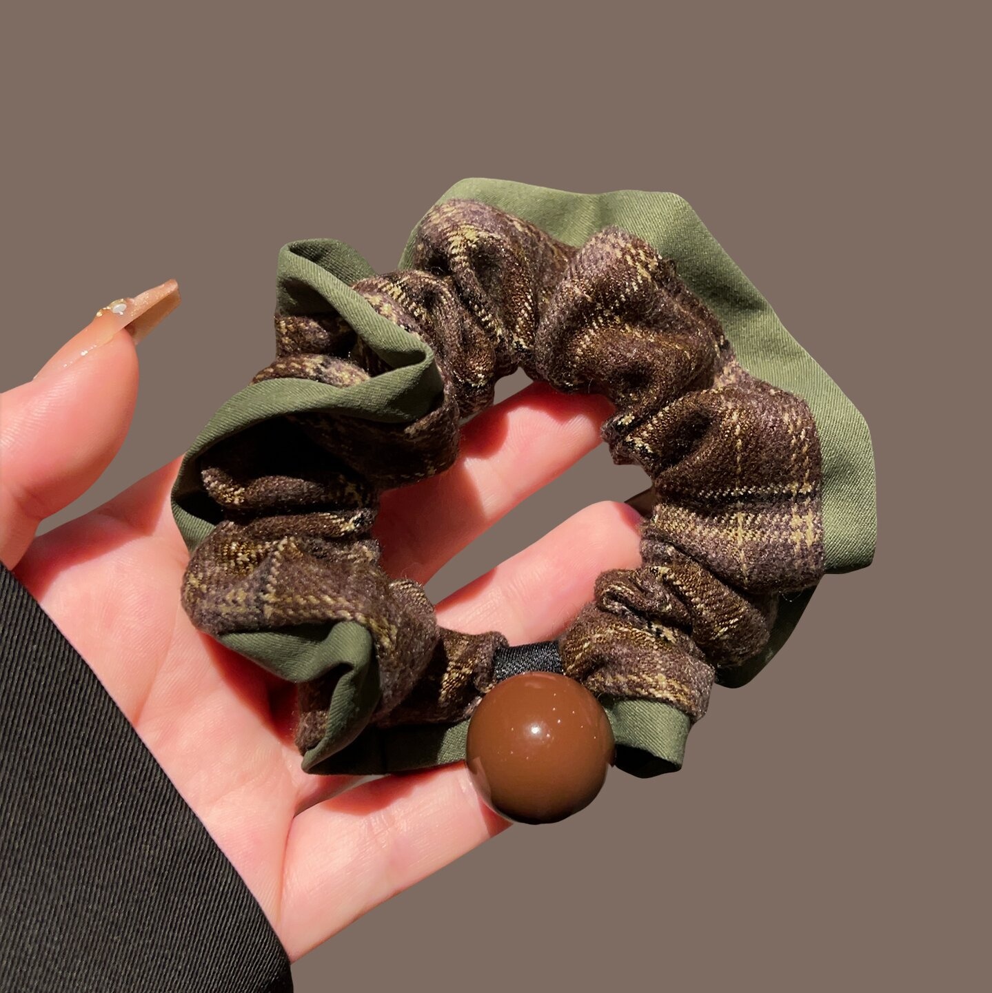 Women's Cloth High Ponytail Hair Tie Headband Vintage Green Plaid