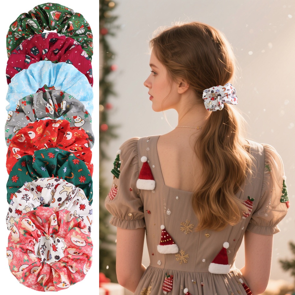 Women's Christmas Party Fabric Bow Hair Tie Reindeer Snowman Pattern