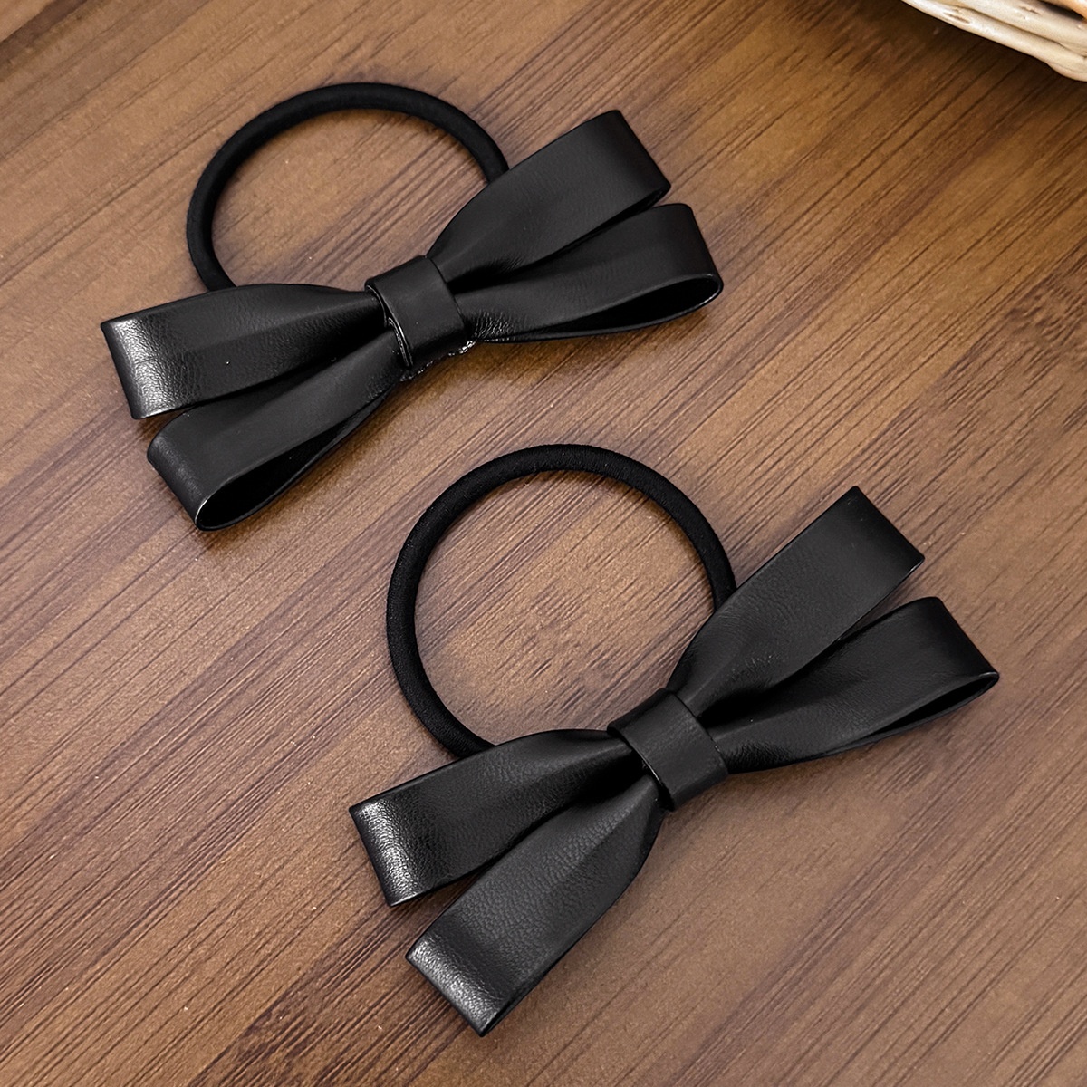 Women's High-End Leather Bowknot Hair Ties For Bun Solid Black