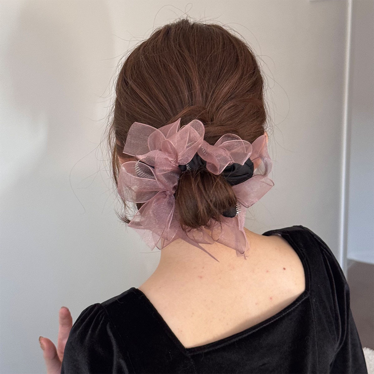 Women's Large Fluffy Lace Bow Hair Tie Summer French Lazy Hairband Pink