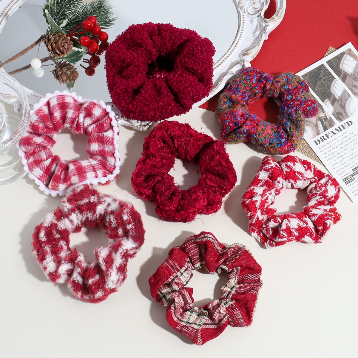 Women's Autumn Winter Fluffy Knit Hair Scrunchie Classic Red Plaid