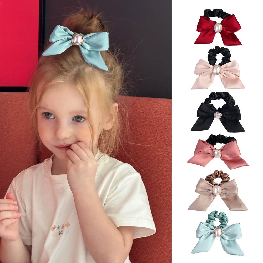 Women's Satin Pearl Bow Hair Tie, French Lolita Style Hair Accessory