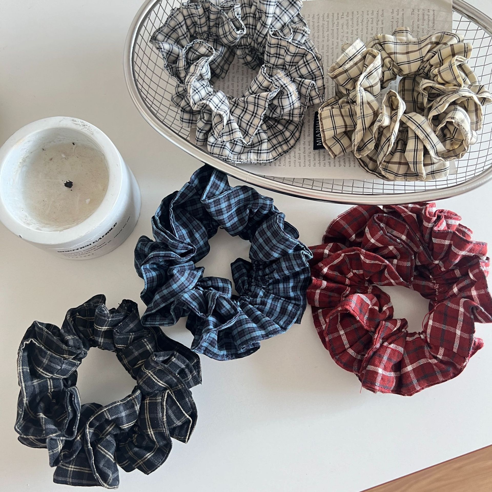 Women's 3D Volumizing Cloth Hair Scrunchies Double Layer Plaid