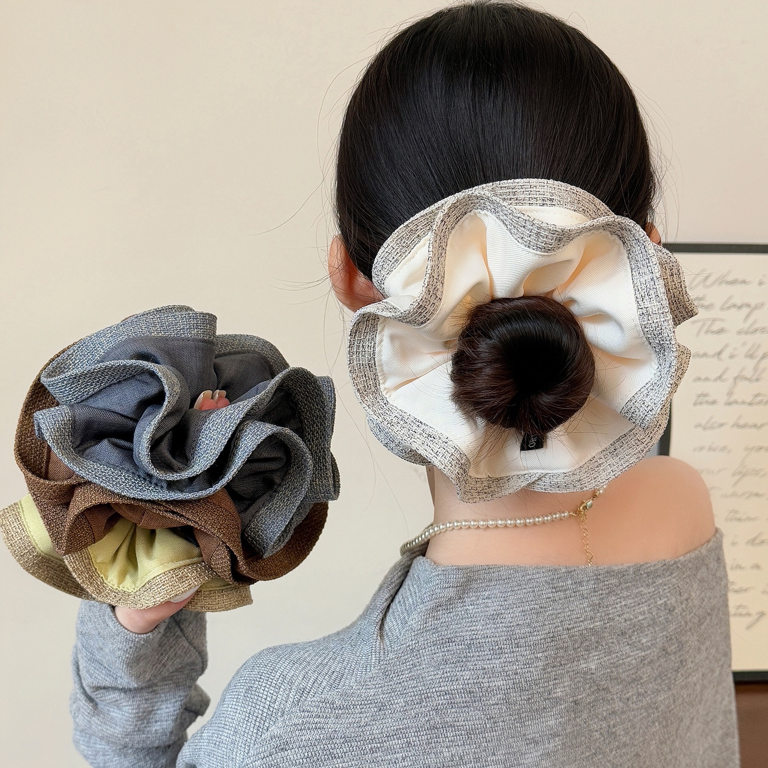 Women's New Style Cloth Flower Hair Tie, Grey Color Block Spring Accessory