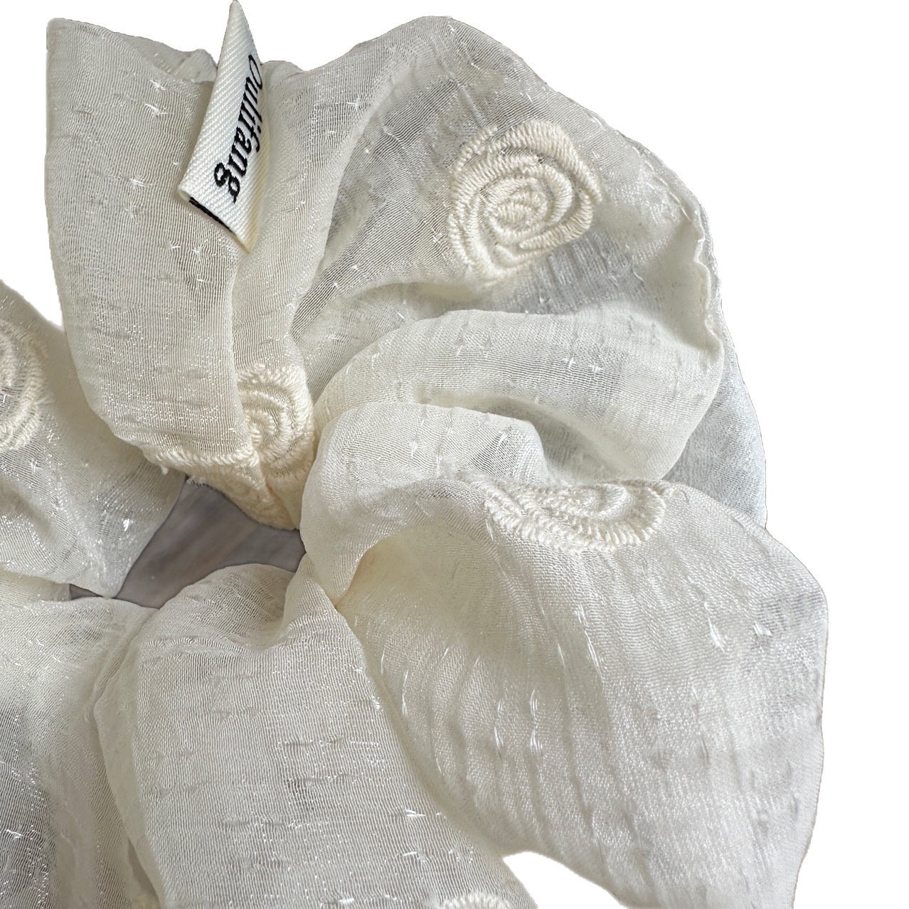 Women's Elegant Beige Gauze Hair Tie with Delicate Rose Embroidery