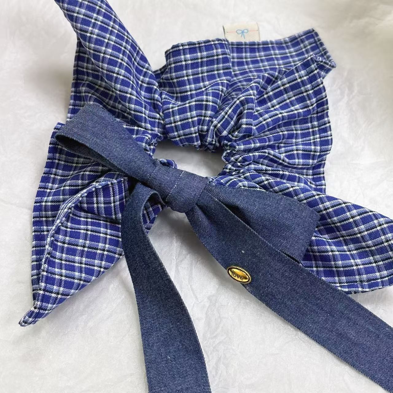 Women's Vintage Bowknot Elastic Scarf Hair Tie Blue Denim Plaid