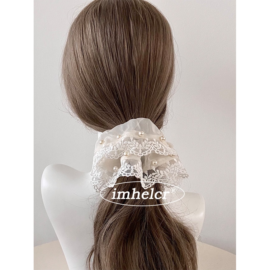 Women's Elegant Pearl Organza Spring Hair Scrunchie Black White Lace