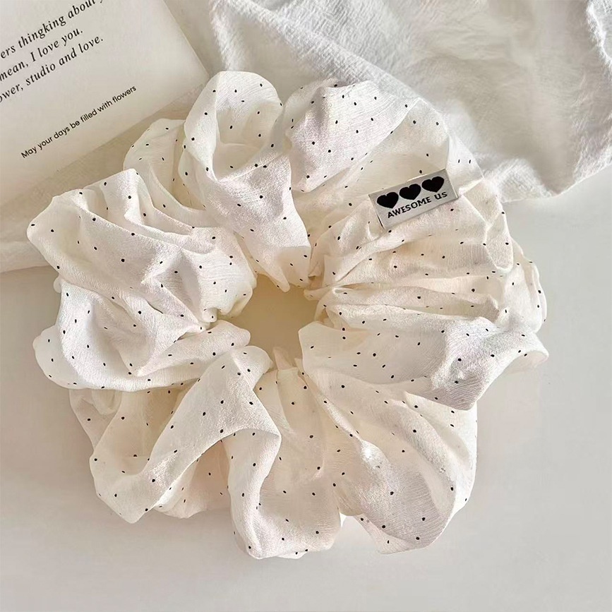 Women's Spring Cloth Hair Tie Scrunchie White Polka Dots Heart Pattern