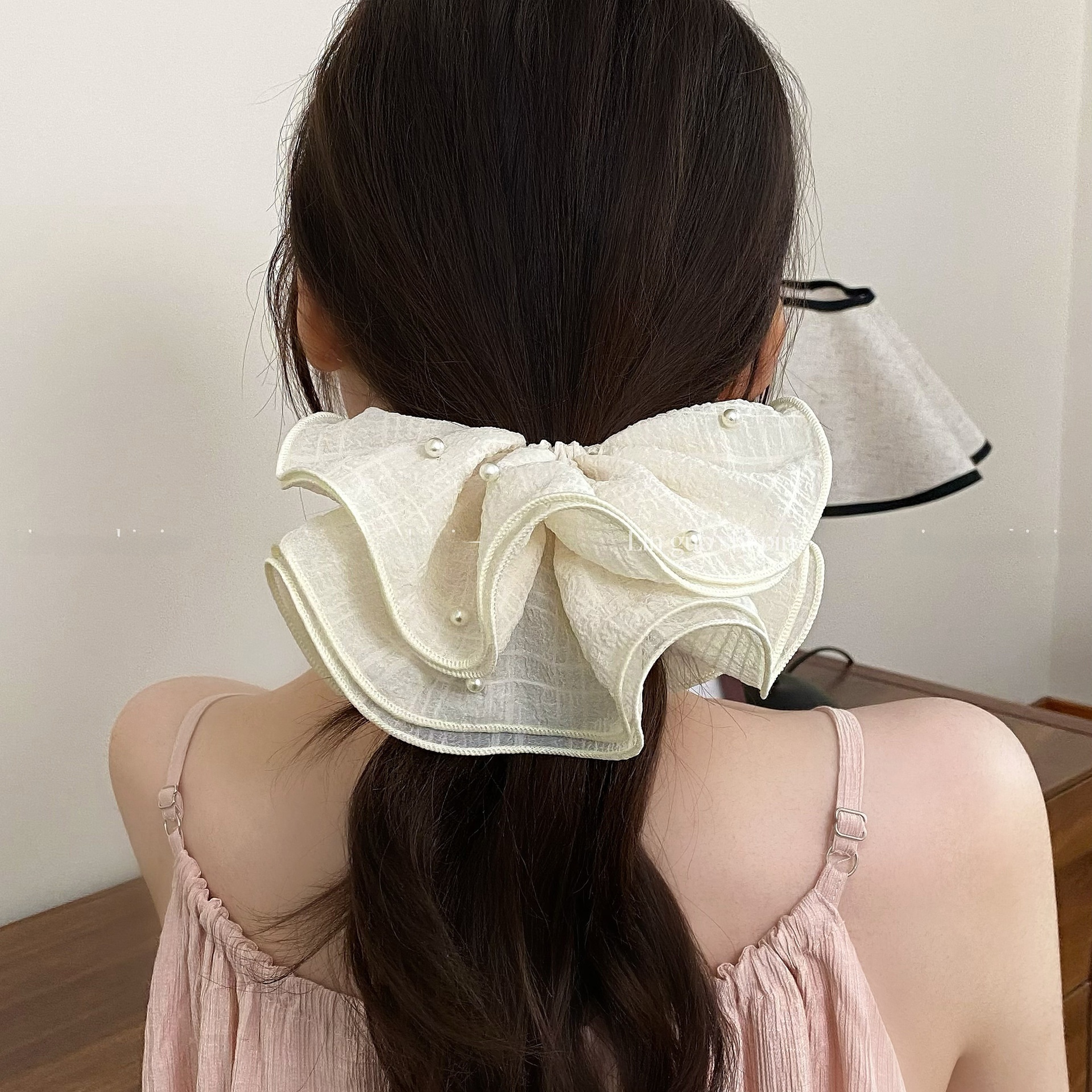 Women's Elegant Spring Pearl Gauze Hair Tie Accessory Beige Lace