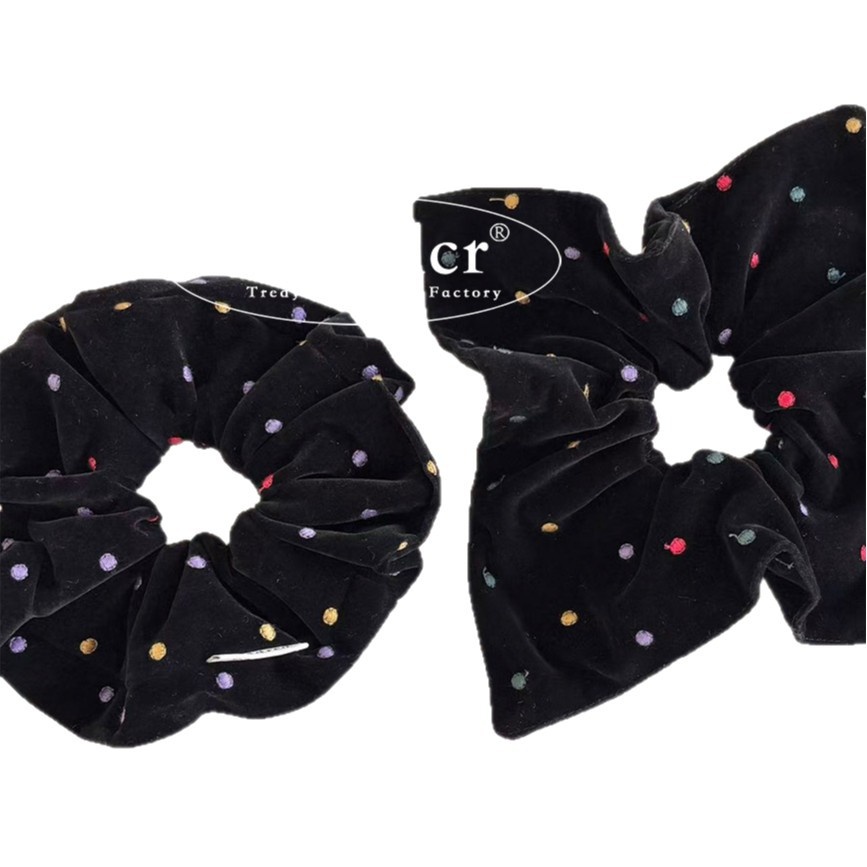 Girls Colorful Polka Dot Embroidered Black Velvet Headband Hair Bun Wrap