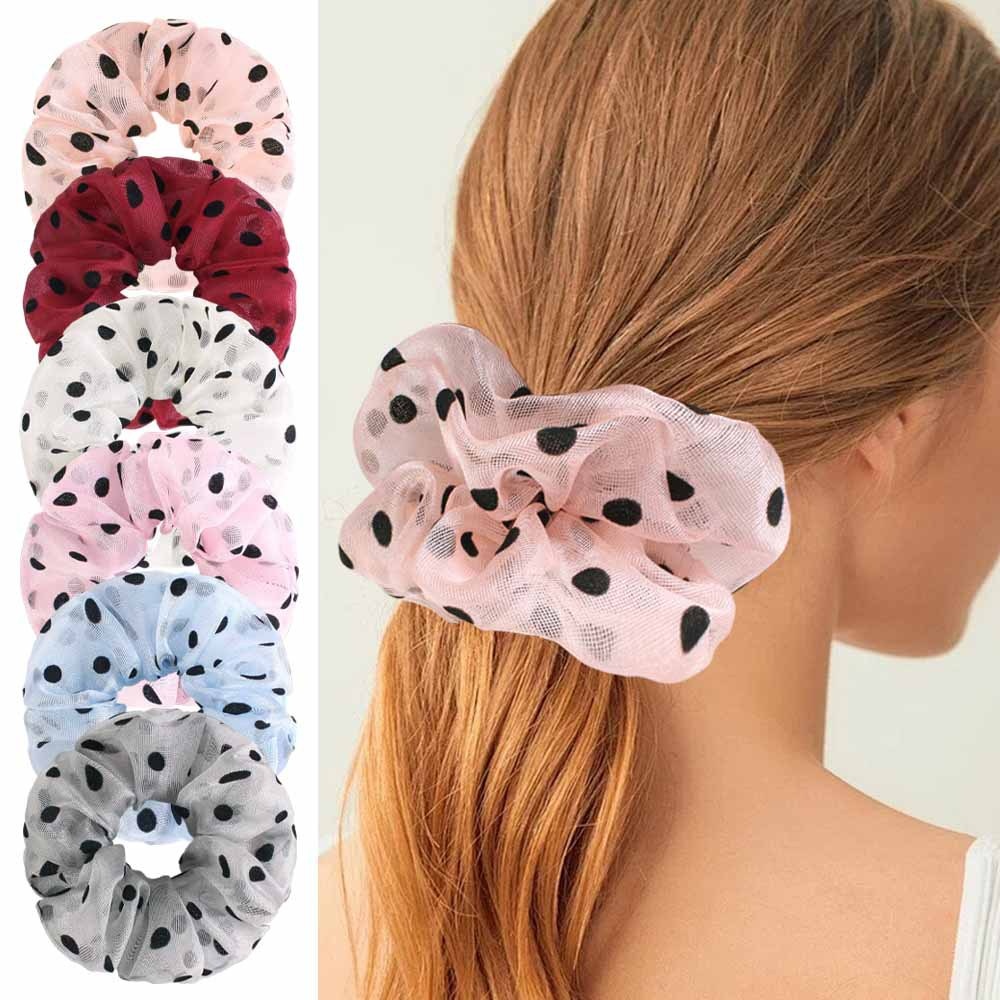 Women's Sweet Chiffon Donut Hair Tie For Summer Styling Pink Polka Dots