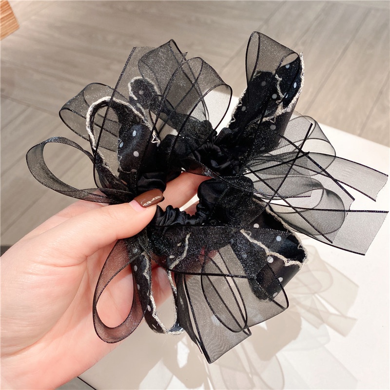 Women's Voluminous Gauze Lazy Hair Scrunchie Polka Dot Bow Knot