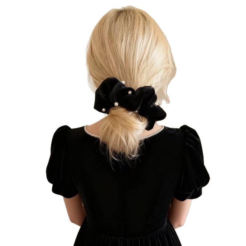 Women Girls Winter Pearl Velvet Low Bun Hair Bands Solid Color