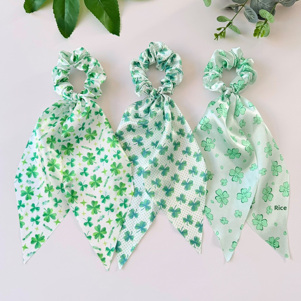 Women's St. Patrick's Cloth Ribbon Hair Tie Green Clover Print