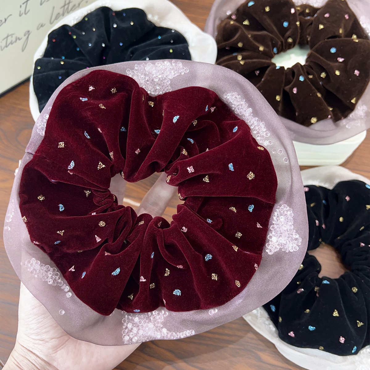 Women's Winter Rhinestone Flocked Holiday Hairband Coffee Red Black