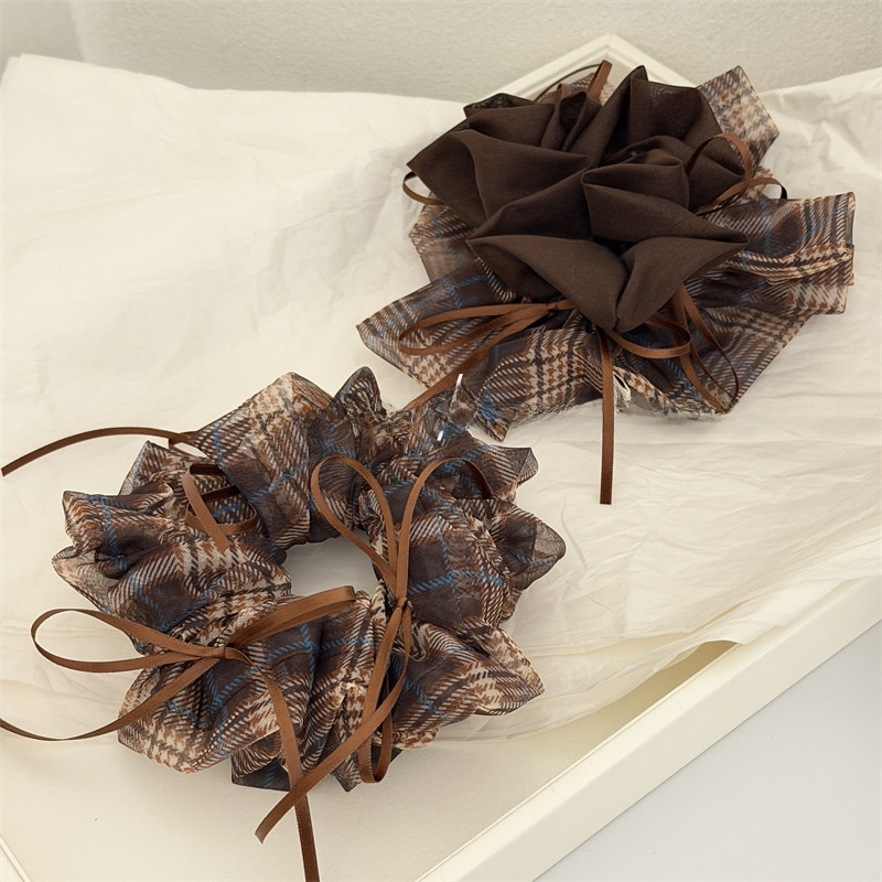 Women's Soft Gauze Bowknot Hair Tie For Daily Wear Coffee Plaid