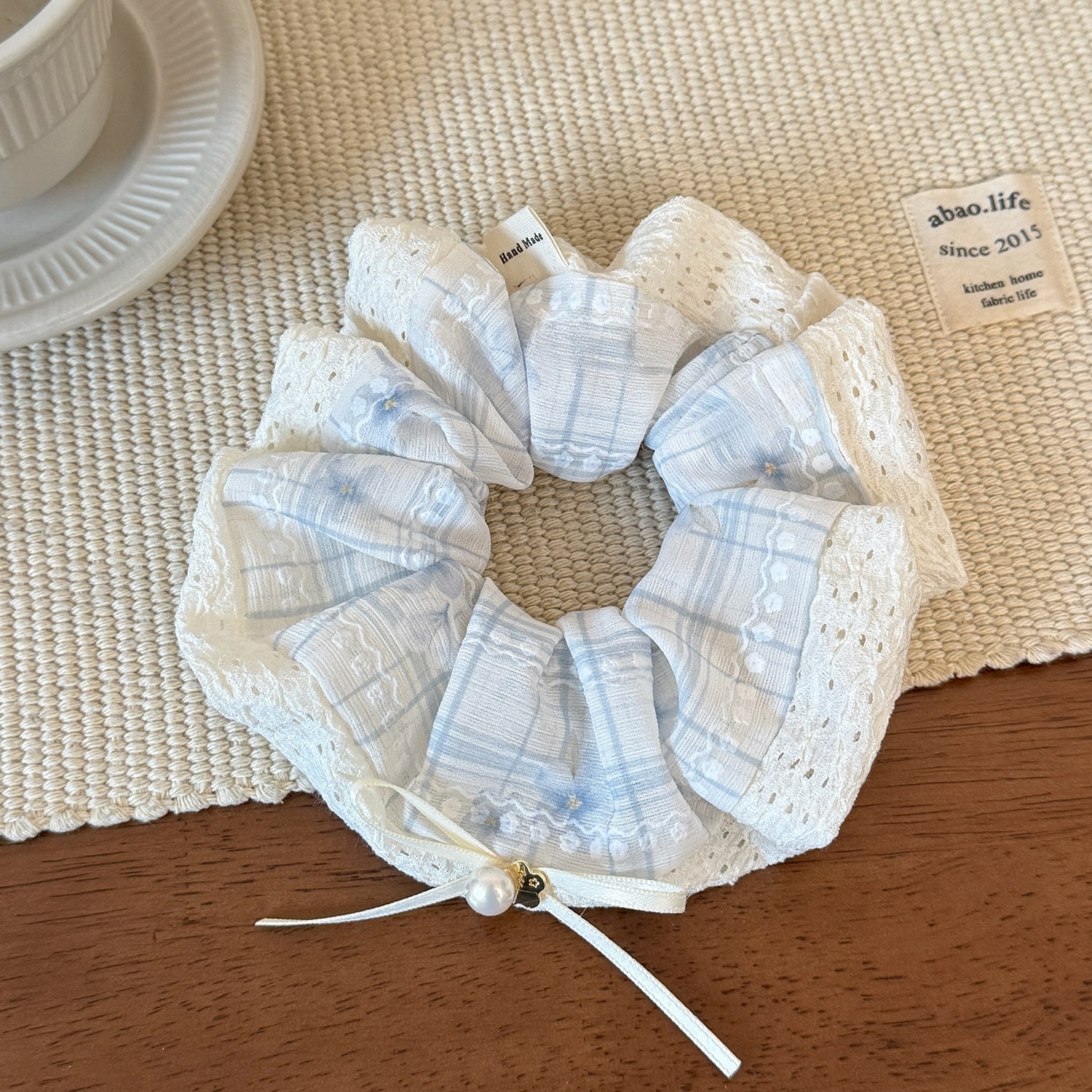 Women's Sweet Spring Summer Lace Bow Cloth Hair Tie Pink Blue Plaid