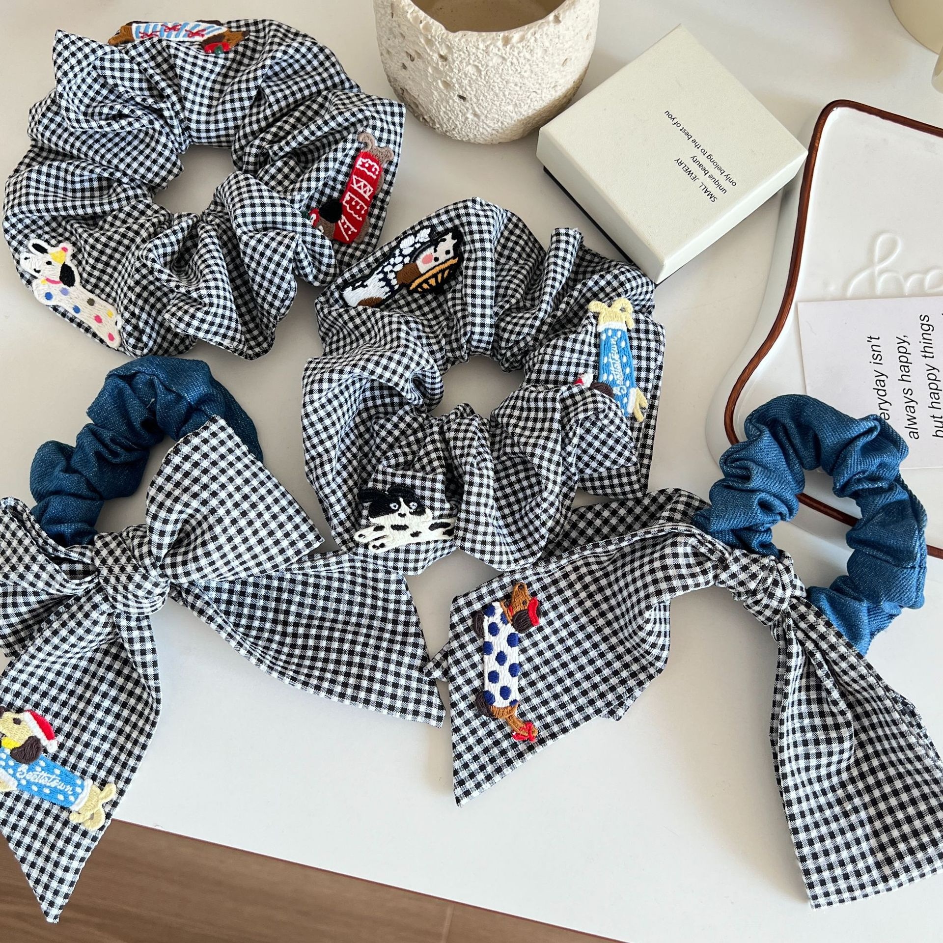 Women's Fabric Bow Tie Hair Scrunchie Plaid Sausage Dog Print