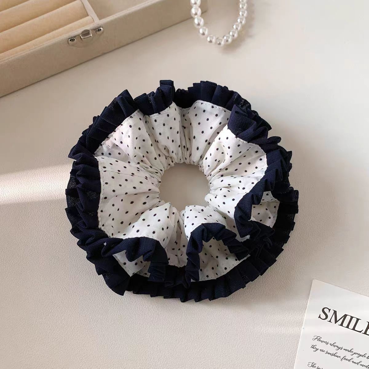 Women's Retro Spring Cotton Hair Tie Black & White Polka Dots