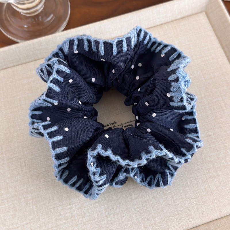 Women's Casual Knitted Lace Half Updo Scrunchie Navy Blue Polka Dot
