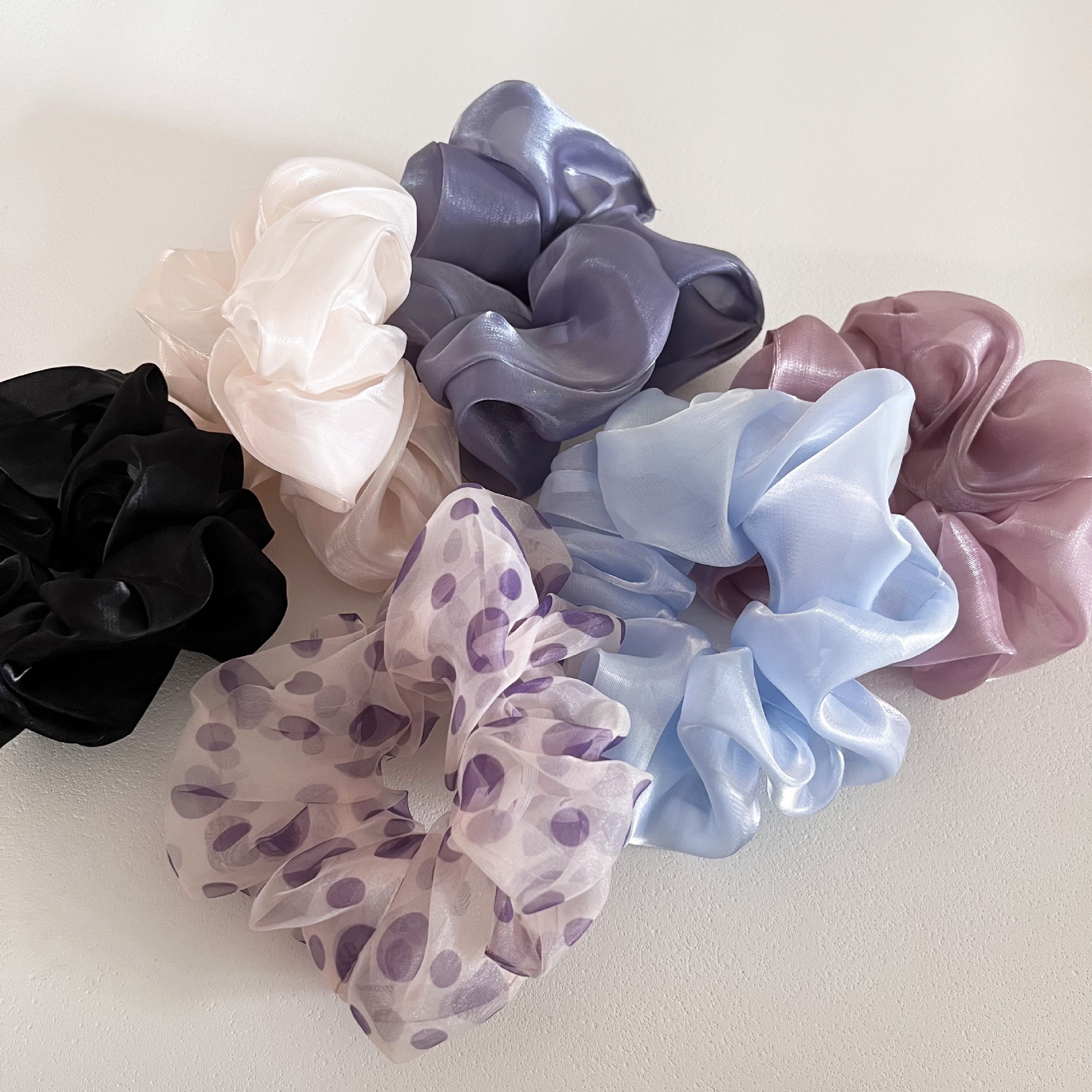 Women's Fairy Fluffy Gauze Pearl Bow Bun Hair Tie Solid Polka Dots