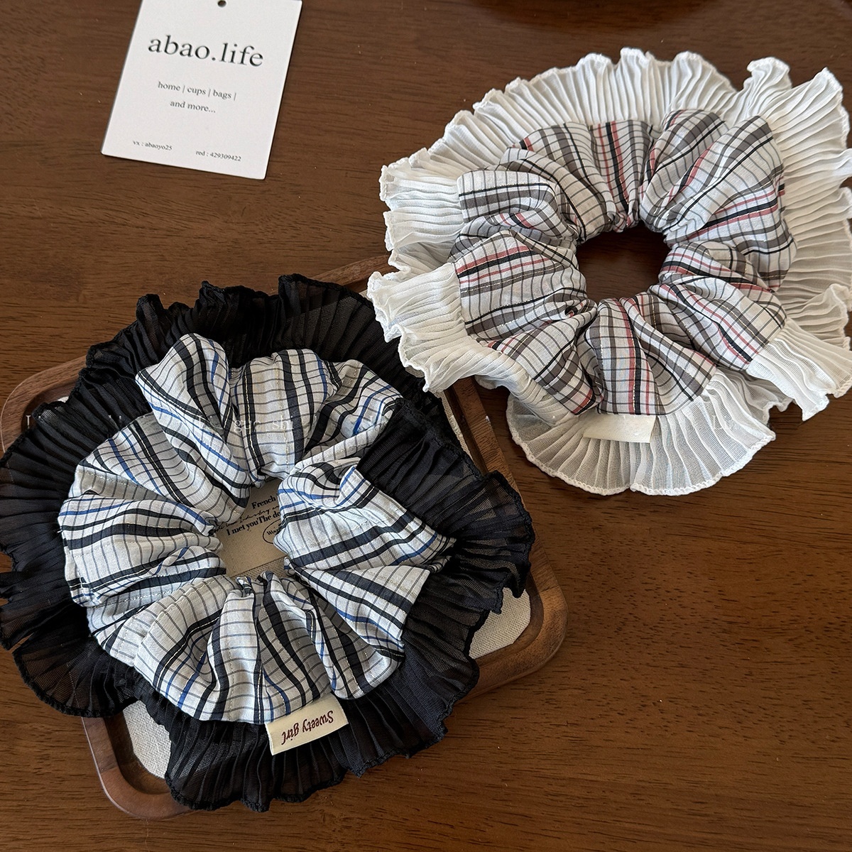 Women Cloth Scrunchies Elastic Hair Tie Black White Plaid Checkered Design