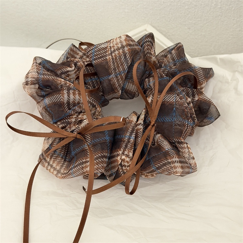 Women's Soft Gauze Bowknot Hair Tie For Daily Wear Coffee Plaid