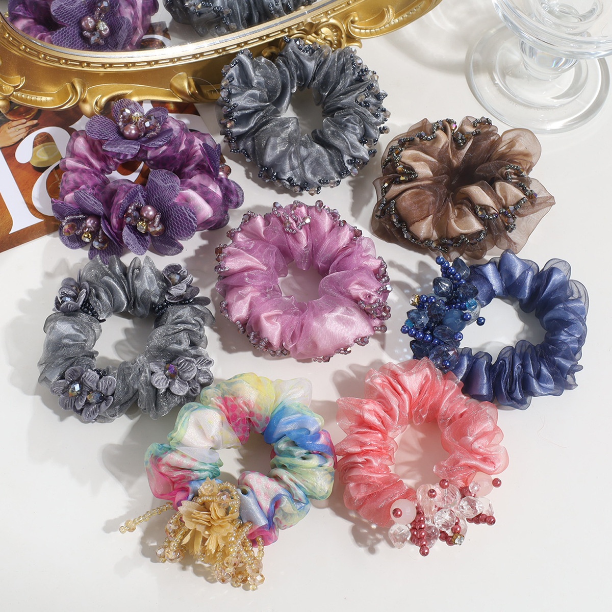 Women's Elegant Organza Hair Tie With Pearl Rhinestone Flower Tassel