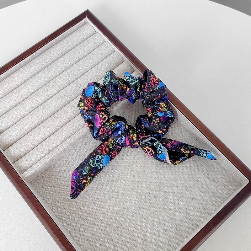 Women's Retro Large Bow Hair Tie Halloween Pumpkin Ghost Bat Print Fabric Art