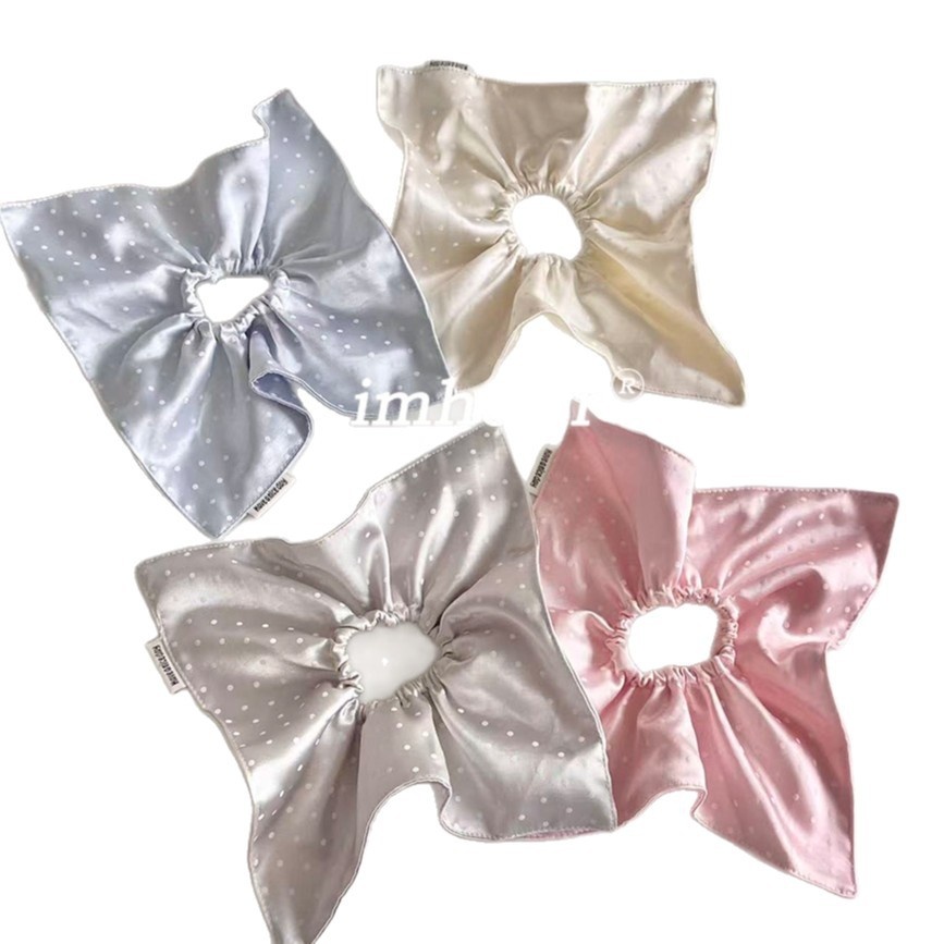 Women's Spring Summer Satin Scrunchie Hair Tie Beige Polka Dots