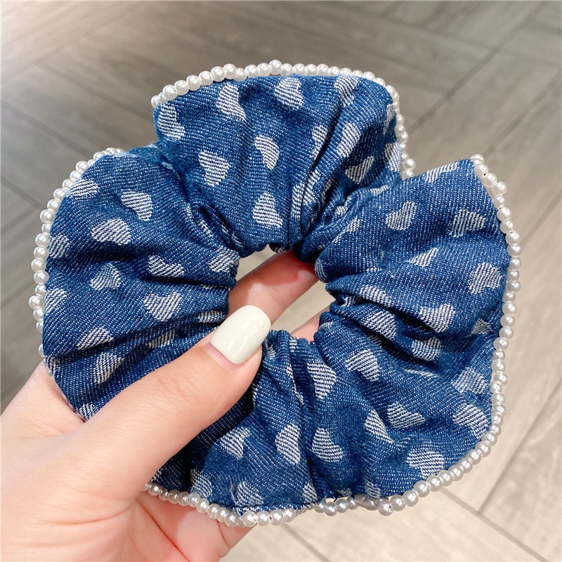 Women Sweet Ponytail Hair Bands Retro Denim Pearl Heart