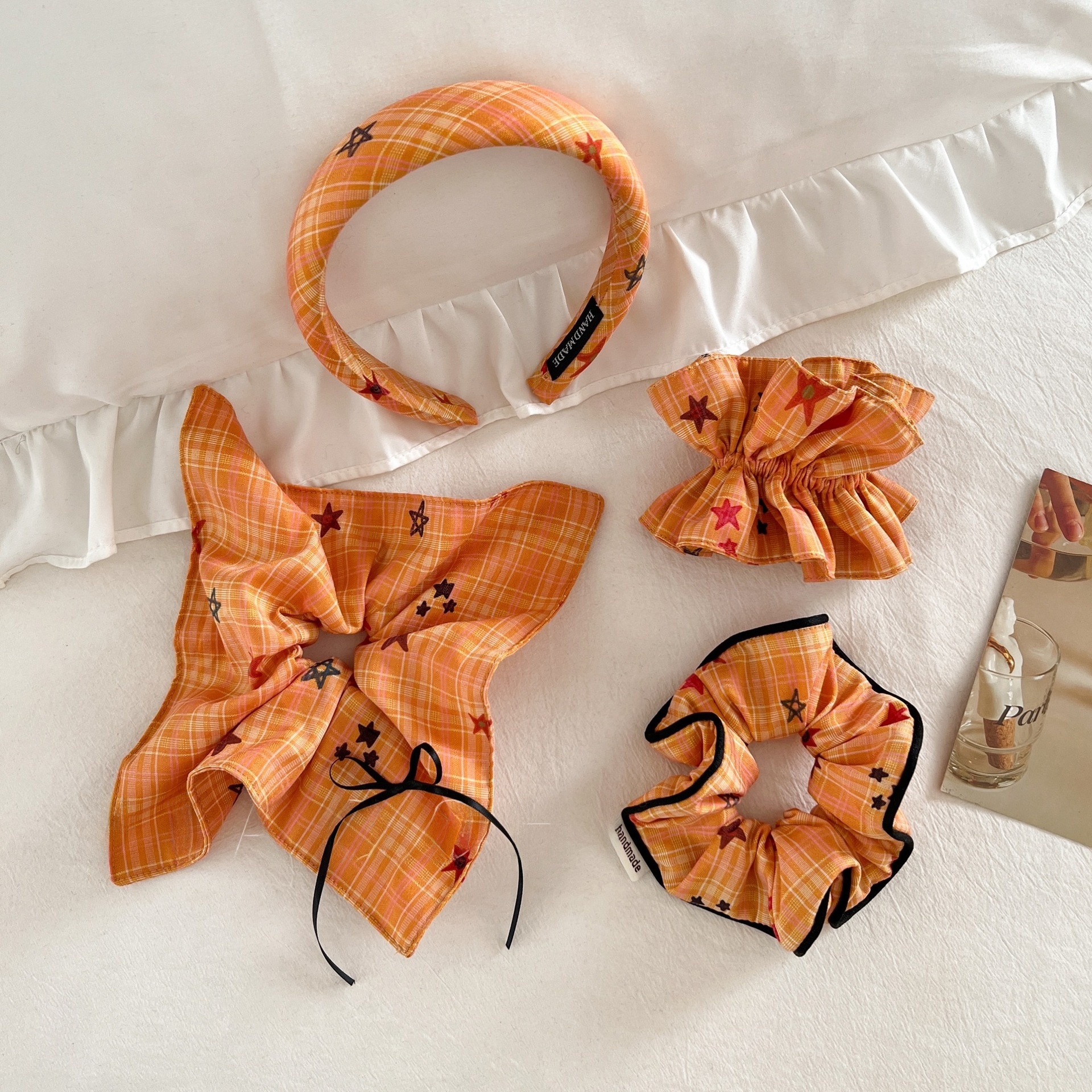 Women's Spring Cloth Hair Band Accessory Orange Plaid Bow Knot