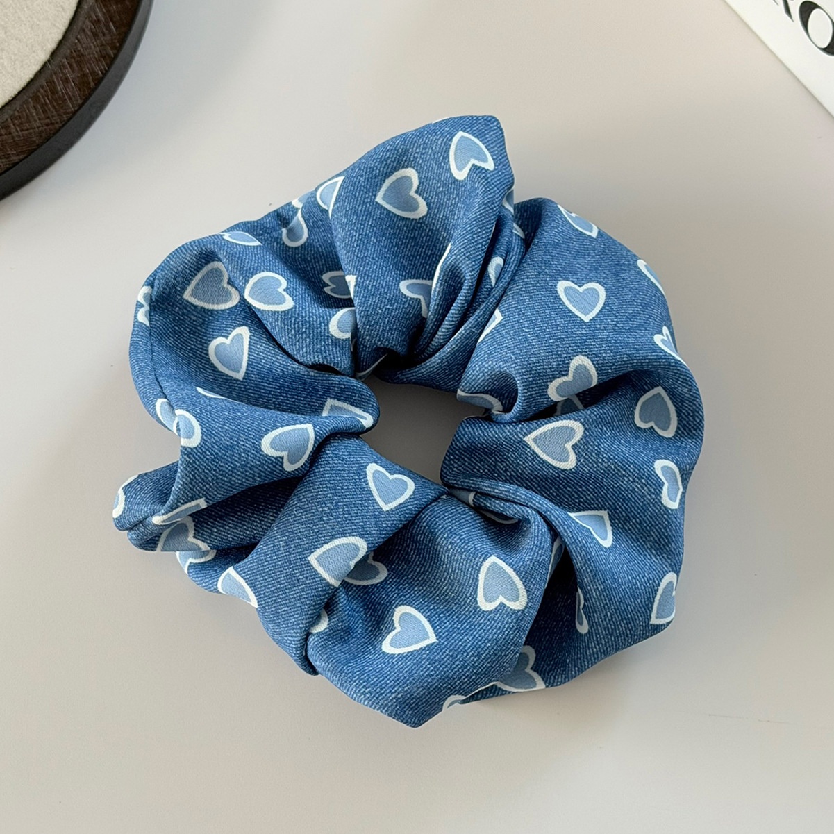 Women's Vintage Denim Hair Tie Band Accessory Blue Heart Shaped Print