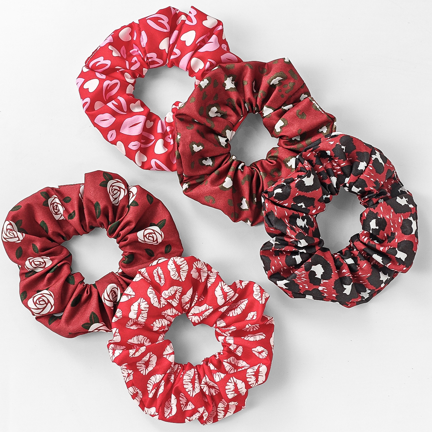 Women's 5-Piece Satin Elastic Hair Ties Valentine Rose Heart Lips Print