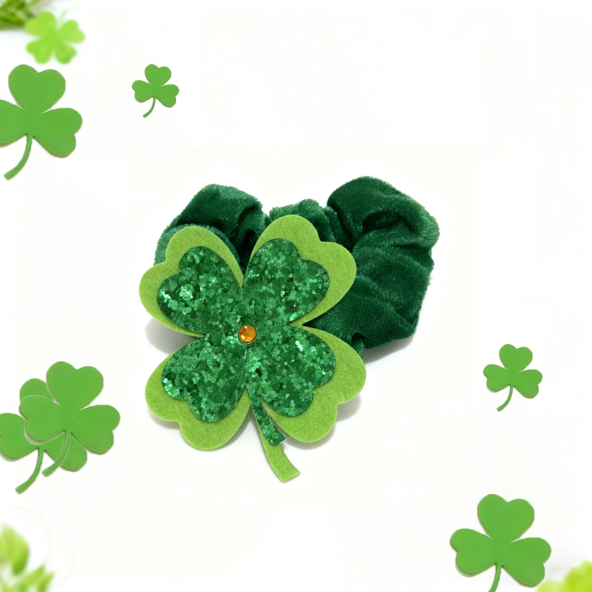 Women's St. Patrick's Day Velvet Hair Tie Green Clover Sequin Bow Knot