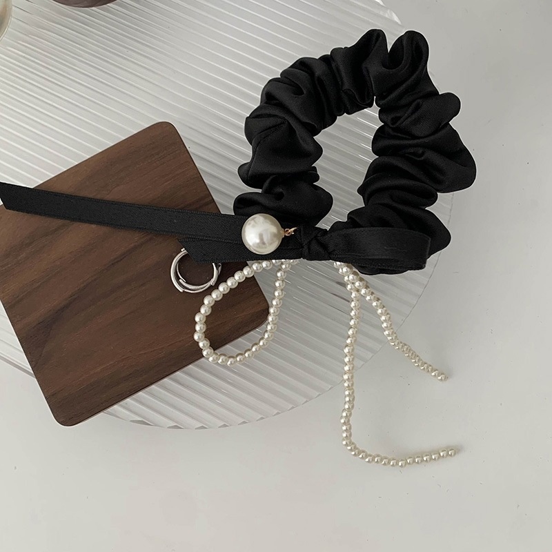 Women's French Pearl Cloth Elastic Hair Bun Tie Beige Black Bowknot