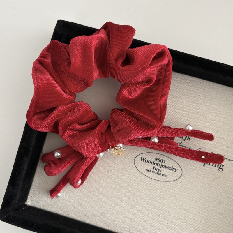 Women Pearl Velvet Autumn Winter Hair Scrunchie Red Black Bowknot