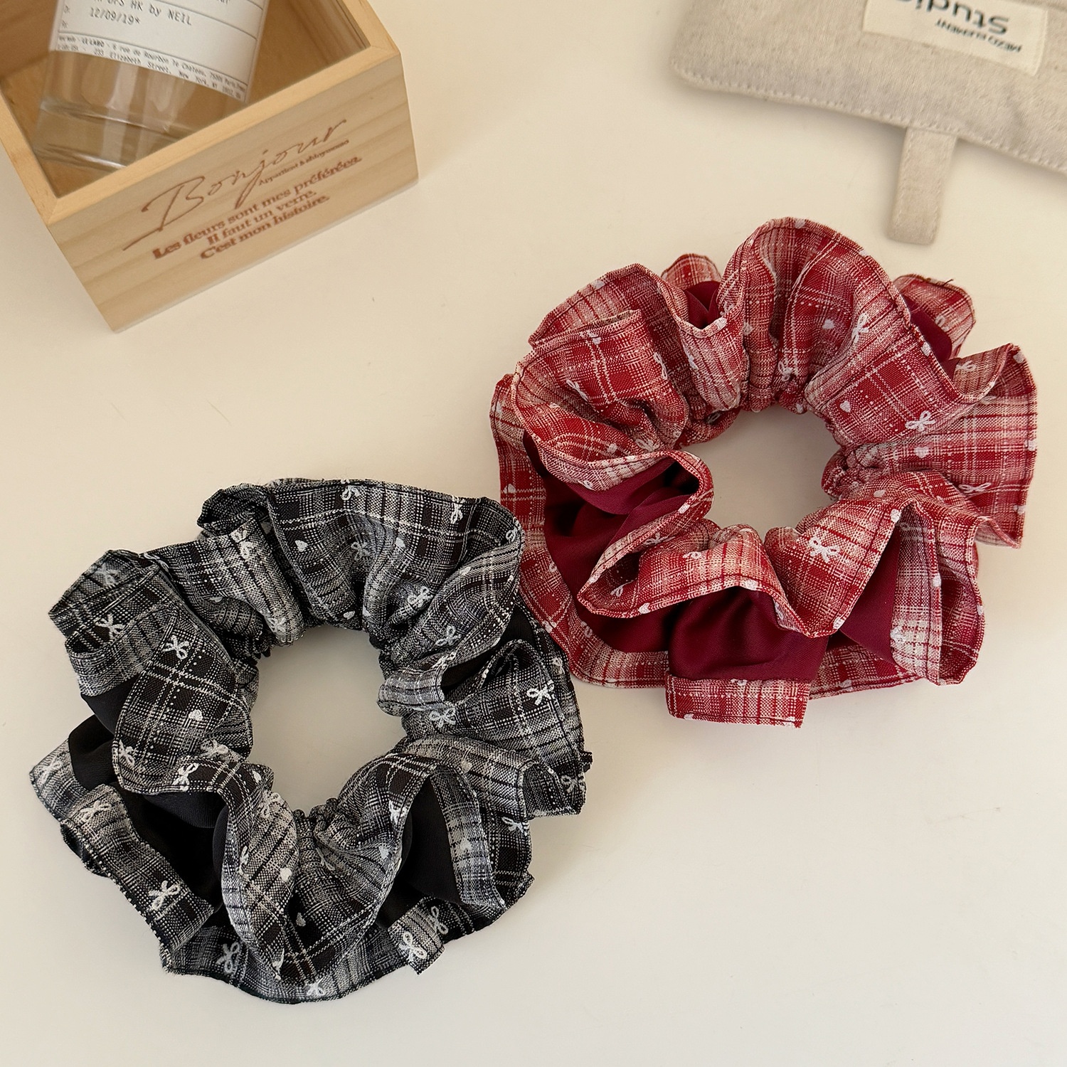 Women Casual Cloth Two-Layer Bowknot Hair Scrunchie Red Black Plaid