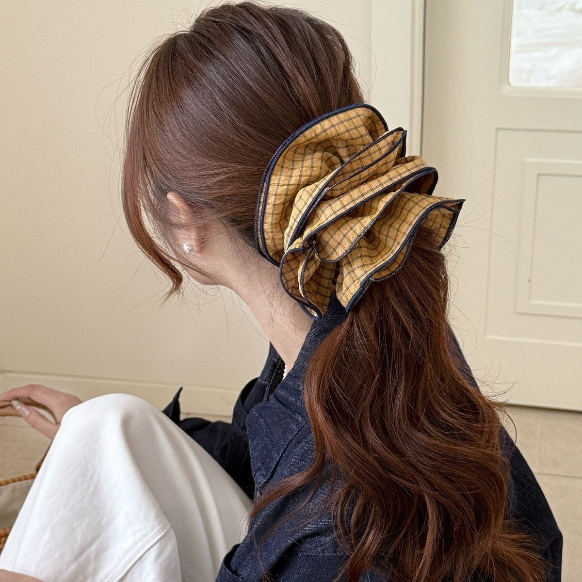 Women's Spring Cloth Hair Tie Daily Accessories Black Plaid Stripe