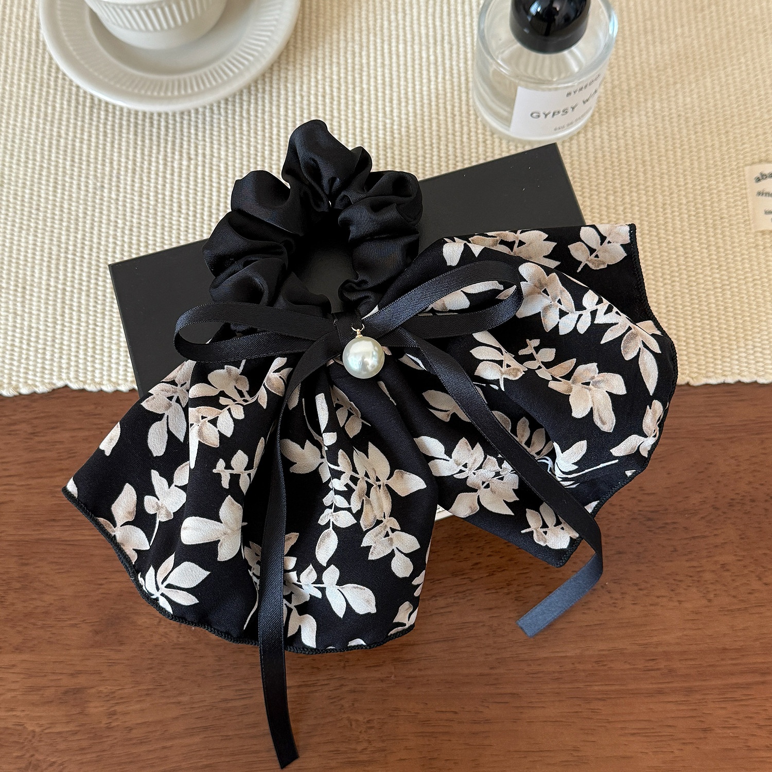 Women's Spring Summer Cloth Bow Knot Hair Tie Black Ink Painting